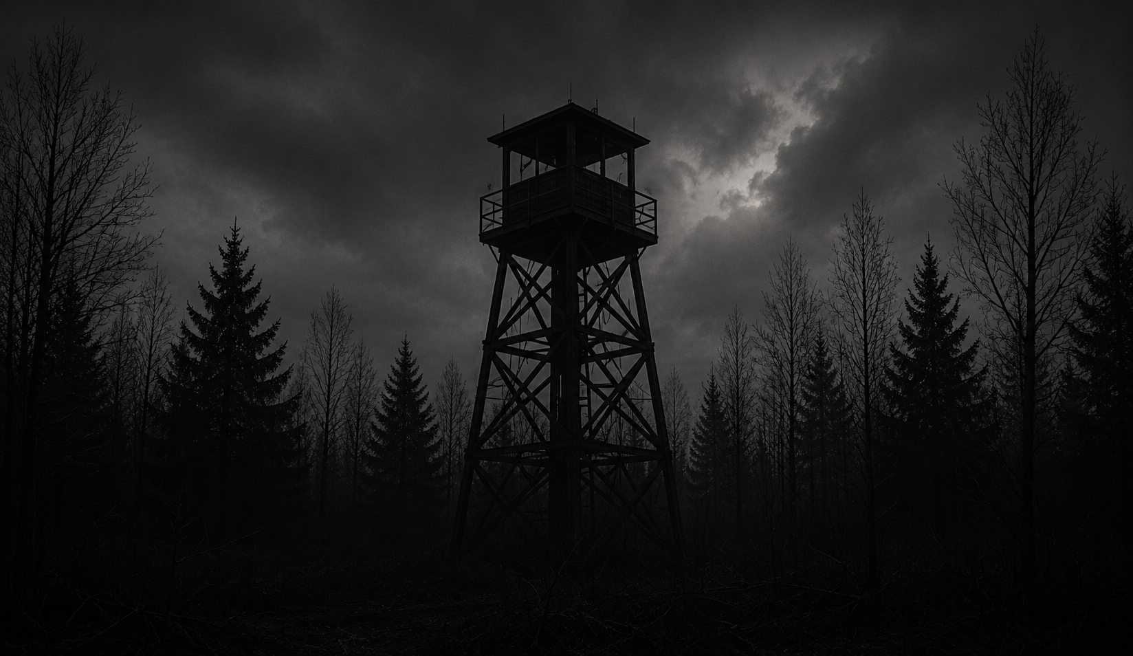 Watchtower beneath storm clouds